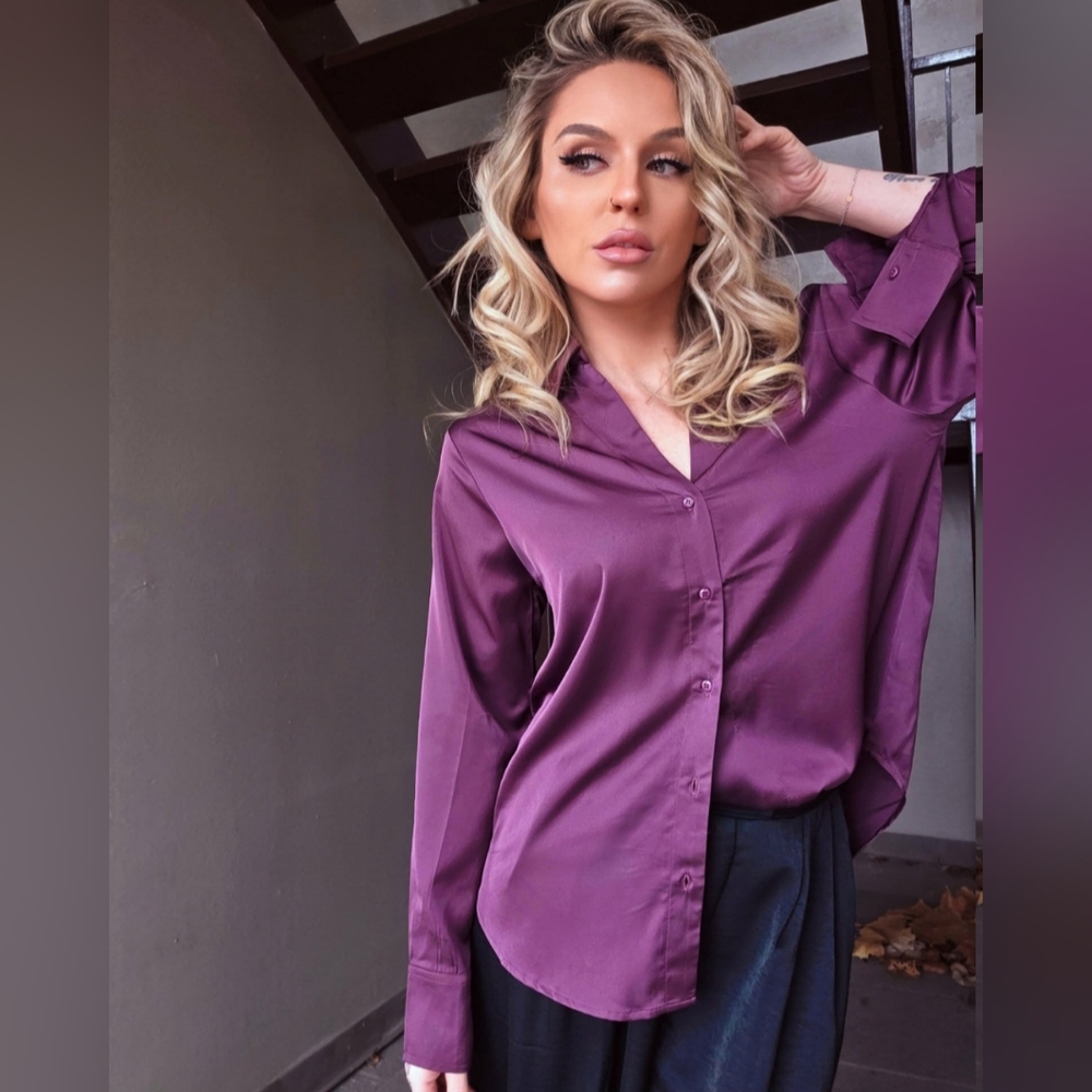 Mulberry Wine Purple Satin Button-Up